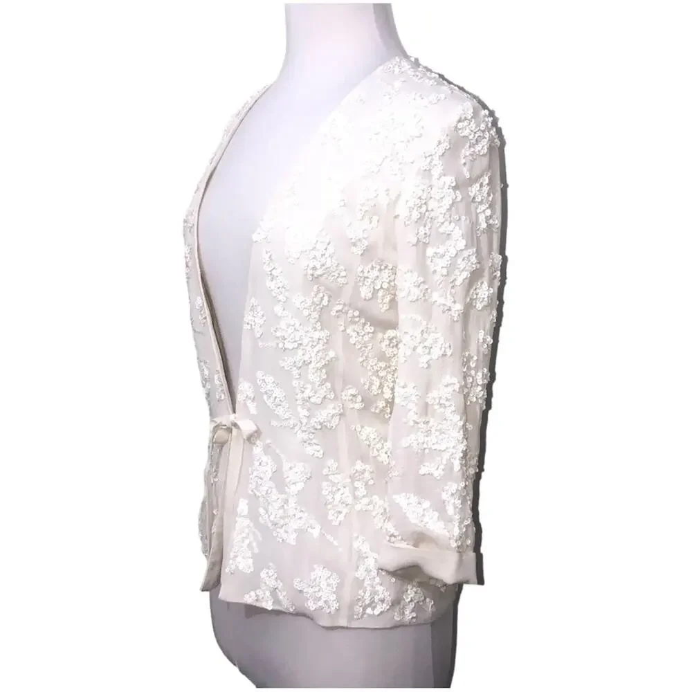 French Connection Mimosa Mist Sequined Tie Front Jacket in Daisy White 4 NWT